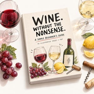 Op de afbeelding: Een boek getiteld Wine. Without The Nonsense. A Simple Beginner's Guide, 40 Illustrated Pages PDF. De kaft bevat illustraties van een glas rode wijn, een glas witte wijn, een wijnfles, druiven en een citroen met een kurkentrekker.