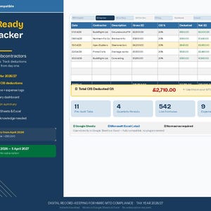 May include: A digital spreadsheet for UK CIS subcontractors, titled "MTD-Ready CIS Tracker 2026/27." It features a table with financial data, including gross amounts, deductions, and net figures. The software is designed for digital record-keeping and MTD compliance.