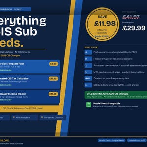 Op de afbeelding: Donkerblauwe afbeelding met informatie over een CIS Admin Bundle. De bundel bevat factuursjablonen, een belastingcalculator, een inkomsten tracker en een referentiekaart. Bijgewerkt voor de CIS-wijzigingen van april 2026. Compatibel met Google Sheets.