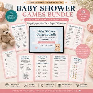 Peut inclure: Un ensemble de jeux de baby shower avec 10 jeux imprimables et des clés de réponse. Le design comprend un ours en peluche, des accents roses et le texte "Baby Shower Games Bundle". L'ensemble est conçu pour les baby showers, les révélations de genre et les fêtes virtuelles.