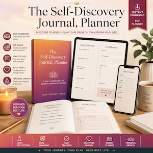 Peut inclure: Un journal et planificateur de découverte de soi avec une couverture violette et orange, ouvert pour révéler des pages de réflexion quotidienne et de plan hebdomadaire. Une tablette et un smartphone affichent le suivi des habitudes et la planification des objectifs.