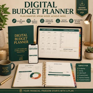 Peut inclure: Un planificateur budgétaire numérique avec une couverture verte et le texte "DIGITAL BUDGET PLANNER". L'image comprend une tablette, un smartphone et une tasse avec l'inscription "BUDGET PLAN SUCCEED". Le planificateur propose 28 onglets hyperliés et 12 pages mensuelles.