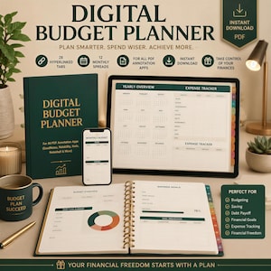 Hyperlinked Tabs PDF, Undated Budget Planner - Rose-Gold, Monthly-Yearly Spreads | GoodNotes iPad, Apple Pencil Ready