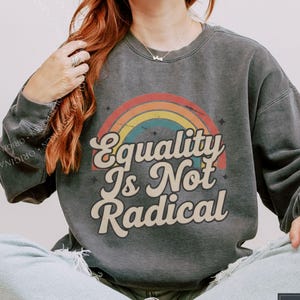 May include: A dark gray sweatshirt with the text "Equality Is Not Radical" in a retro font, above a rainbow design. The sweatshirt is a vintage style, with a slightly faded appearance. The word "PEPPER" is printed at the bottom left.