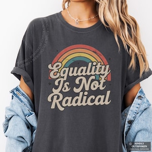 May include: A charcoal gray short-sleeve t-shirt featuring a graphic of a multi-colored rainbow in muted tones of red, orange, yellow, and teal. The text "Equality Is Not Radical" is printed in a cream-colored, retro-style cursive font below.