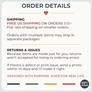 May include: A graphic with the text "ORDER DETAILS" and information about shipping and returns. The text includes "FREE US SHIPPING ON ORDERS $35+" and "DESIGNED WITH PURPOSE. MADE FOR REAL LIFE."