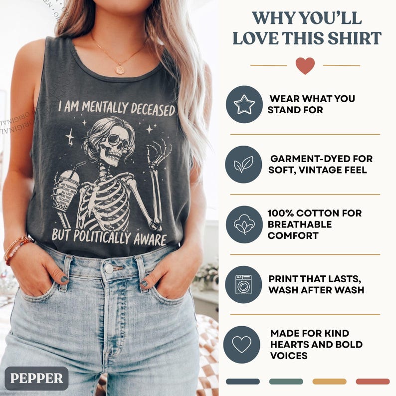 May include: A dark gray sleeveless tank top featuring a white graphic of a skeleton holding a drink with the text I AM MENTALLY DECEASED BUT POLITICALLY AWARE. The right side displays a list of product features including garment-dyed fabric, 100% cotton material, and long-lasting print quality.
