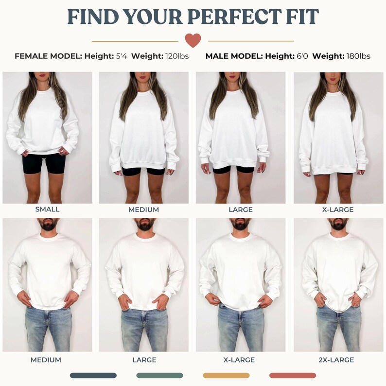 Puede incluir: Imagen que muestra una gu&iacute;a de tallas para sudaderas blancas. El texto dice "FIND YOUR PERFECT FIT". Las modelos femeninas miden 1,63 m y pesan 54 kg, los modelos masculinos miden 1,83 m y pesan 82 kg. Tallas: Small, Medium, Large, X-Large y 2X-Large.