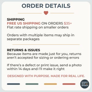 May include: A rectangular informational graphic titled ORDER DETAILS with a small red heart icon. The text outlines policies regarding shipping, returns, and issues, concluding with the phrase DESIGNED WITH PURPOSE. MADE FOR REAL LIFE. and a logo.