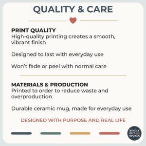 May include: A graphic with the text "QUALITY & CARE" and details about print quality, materials, and production. The text describes high-quality printing, durability, and the use of durable ceramic mugs. The image includes the text "DESIGNED WITH PURPOSE AND REAL LIFE."