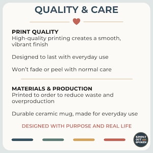 May include: A graphic with the text "QUALITY & CARE" and details about print quality, materials, and production. The text includes "Designed to last with everyday use" and "Durable ceramic mug, made for everyday use."