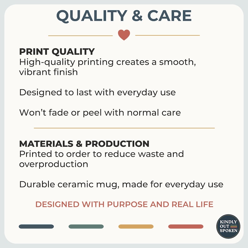 May include: A graphic with the text "QUALITY & CARE" and details about print quality, materials, and production. The text includes "Designed to last with everyday use" and "Durable ceramic mug, made for everyday use."