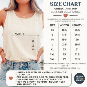 May include: A cream-colored unisex tank top with a size chart displaying width and length measurements in inches for sizes XS to 3XL. The text specifies a relaxed fit, 6.1 oz cotton, pre-washed fabric, and a bound neck and armholes design.