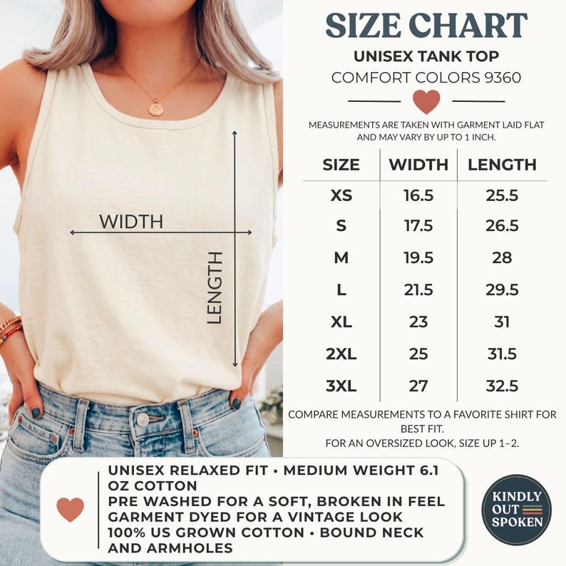 May include: A cream-colored unisex tank top with a size chart displaying width and length measurements in inches for sizes XS to 3XL. The text specifies a relaxed fit, 6.1 oz cotton, pre-washed fabric, and a bound neck and armholes design.