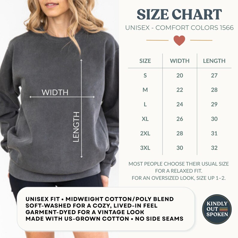 Op de afbeelding: Een antracietgrijze unisex sweatshirt met een maattabel. De tabel toont maten S tot 3XL, met bijbehorende breedte- en lengtematen in centimeters. De sweatshirt is gemaakt van een middengewicht katoen/poly blend, zacht gewassen.