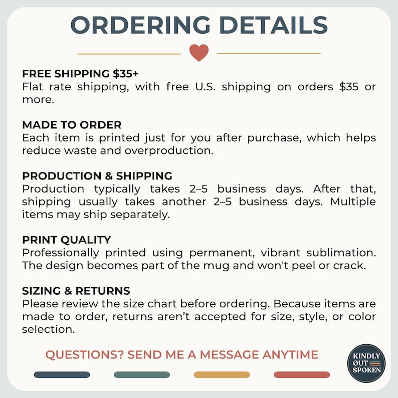 May include: An informational graphic titled ORDERING DETAILS with a small red heart icon. The text outlines policies for made-to-order items, production timelines, sublimation print quality, and return policies, ending with a message prompt.