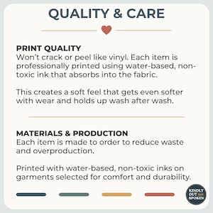 Puede incluir: Una imagen con el texto "QUALITY & CARE" y un icono de coraz&oacute;n. El texto describe la calidad de impresi&oacute;n y los materiales, incluidas las tintas a base de agua y no t&oacute;xicas. La imagen tambi&eacute;n incluye el texto "KINDLY OUT SPOKEN".