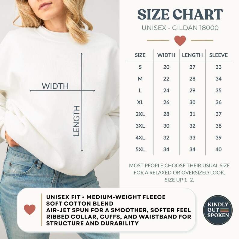 Puede incluir: Sudadera unisex blanca Gildan 18000 con tabla de tallas. La tabla enumera las medidas de ancho, largo y manga en cm para las tallas S a 5XL. La sudadera presenta una mezcla de algod&oacute;n suave y cuello acanalado.