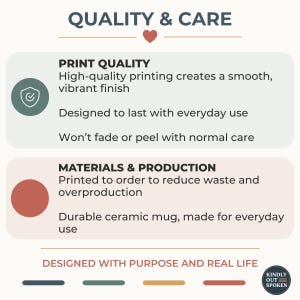 Op de afbeelding: Een infographic met informatie over kwaliteit en verzorging, met secties over afdrukkwaliteit en materialen. De tekst bevat "Ontworpen met een doel en het echte leven" en het logo van "KINDLY OUT SPOKEN".