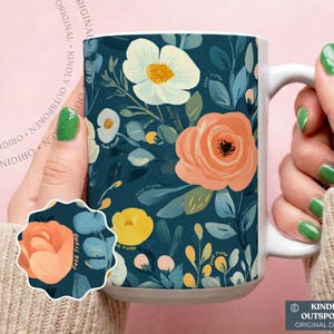 May include: A white ceramic mug featuring a dark teal background with a floral pattern of white, peach, and yellow flowers and green leaves. The text "fuck trump" is repeated in small, subtle script throughout the floral design.