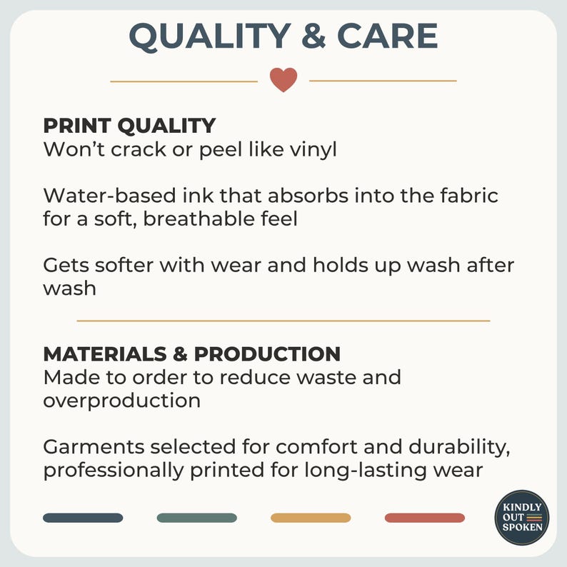 May include: An informational graphic titled QUALITY & CARE with a small heart icon. It details print quality, noting water-based ink that absorbs into fabric, and materials and production, stating garments are made to order. Includes the logo KINDLY OUT SPOKEN.