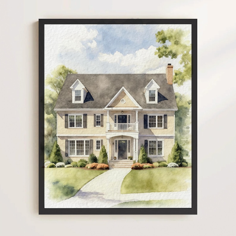 May include: A watercolor painting of a two-story suburban house with light yellow siding, a dark gray roof, and a chimney. The house features multiple windows, a front porch with a balcony above, and a walkway leading to the front door.
