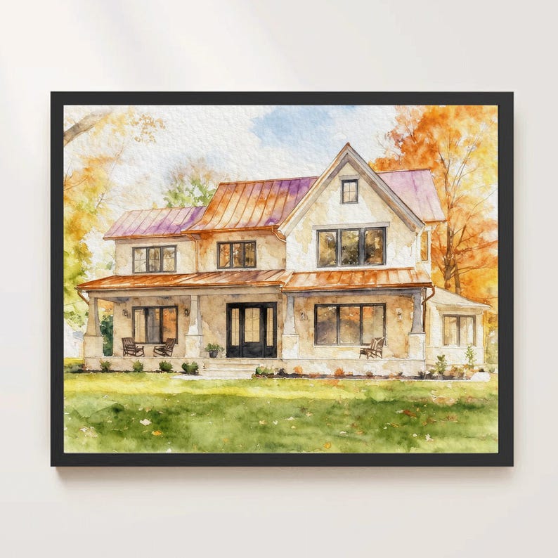 May include: A watercolor painting of a two-story house with a light beige exterior, a dark metal roof, and black window frames. The house is surrounded by autumn trees with orange and yellow leaves, set against a green lawn in a black frame.