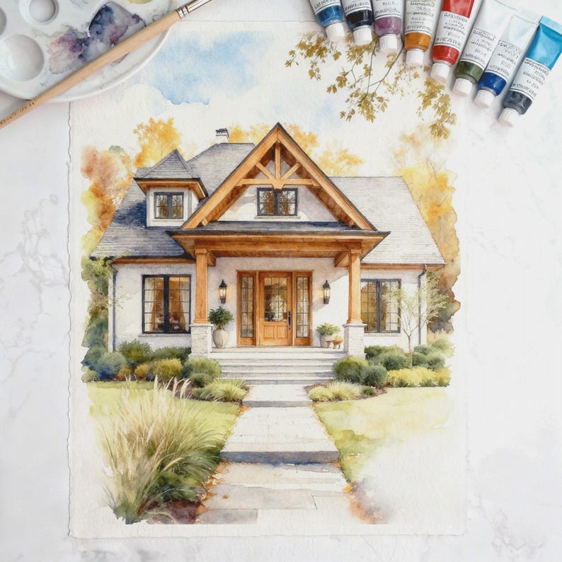 May include: A watercolor painting of a two-story house with a white exterior, dark roof, and wooden porch beams. The scene includes a stone walkway, green landscaping, and autumn-toned trees. A paintbrush and paint tubes are visible at the top.