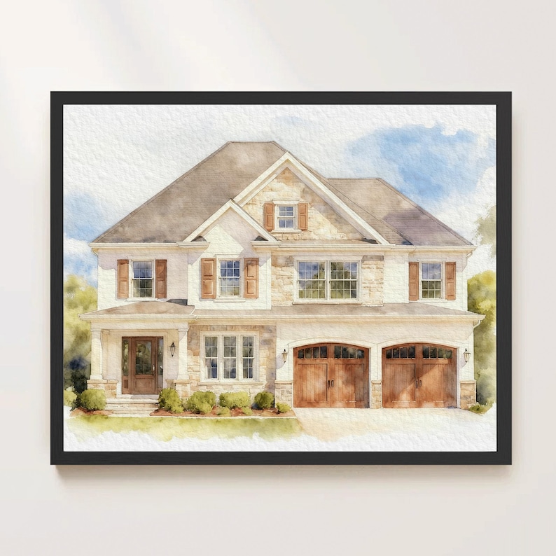 May include: A watercolor painting of a two-story house with a beige stone and siding exterior, a dark brown roof, and two arched wooden garage doors. The house features multiple windows with brown shutters, a front entrance, and green landscaping.