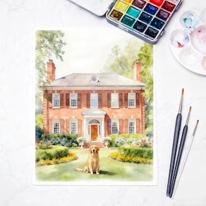 May include: A watercolor painting of a two-story red brick house with a central entrance, white trim, and dark shutters. A golden retriever sits on the green lawn in front of the house, surrounded by manicured hedges and yellow flowers.
