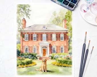 May include: A watercolor painting of a two-story red brick house with a central entrance, white trim, and dark shutters. A golden retriever sits on the green lawn in front of the house, surrounded by manicured hedges and yellow flowers.