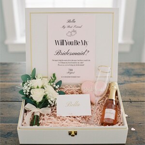 Will You Be My Bridesmaid?" Proposal Card in a soft pink, classic style.