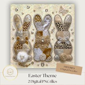 Può includere: Un design a tema pasquale con tre figure decorative di coniglietti con dettagli intricati. Ogni coniglietto è adornato con un mix di tessuti fantasia, tra cui stampa leopardata e accenti dorati, impreziosito da perle e fiocchi. Il design include il testo "Easter Theme" e "2 Digital PNG files".