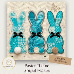 Può includere: Tre decorazioni a forma di coniglietto turchese con fiocchi neri e code a pompon bianche. I coniglietti hanno motivi diversi e sono ambientati su uno sfondo strutturato. L'immagine include il testo "Easter Theme" e "2 Digital PNG files".