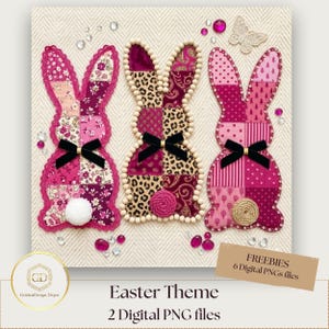 Può includere: Tre figure decorative di coniglietti pasquali in tessuti rosa e fantasia, ciascuna con un fiocco nero. Un coniglietto ha una coda a pompon bianca. L'immagine include il testo "Easter Theme" e "2 Digital PNG files".