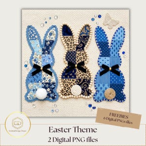 May include: Three decorative Easter bunny designs in blue patchwork patterns, each with a black bow and a fluffy white tail. The bunnies are embellished with lace trim and small decorative elements. The image includes the text "Easter Theme" and "2 Digital PNG files".