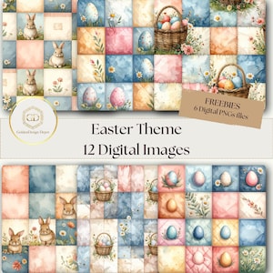 Könnte beinhalten: Digitale Bilder mit Ostermotiv. Die Bilder zeigen Hasen, Ostereier und Körbe mit Eiern vor einem Patchwork-Hintergrund in Pastellfarben. Der Text lautet "Easter Theme 12 Digital Images" und "FREEBIES 6 Digital PNGs files."
