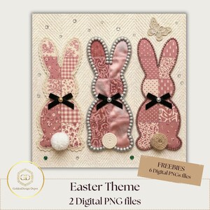 May include: An Easter-themed artwork featuring three pink patchwork bunny figures with black bows and decorative embellishments. The bunnies are set against a textured background with a butterfly and text that reads "Easter Theme" and "2 Digital PNG files".