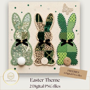 May include: An Easter-themed artwork featuring three decorative bunny figures. Each bunny is crafted from patterned fabric in shades of green and brown, adorned with black bows and white pom-pom tails. The artwork includes the text "Easter Theme" and "2 Digital PNG files".