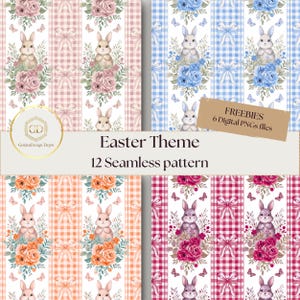 Peut inclure: Image numérique sur le thème de Pâques avec 12 motifs sans couture. Chaque motif présente un lapin, des fleurs et des nœuds sur un fond à carreaux ou à rayures. La palette de couleurs comprend le rose, l'orange, le bleu et le rouge. Le texte "Easter Theme 12 Seamless pattern" est également inclus.