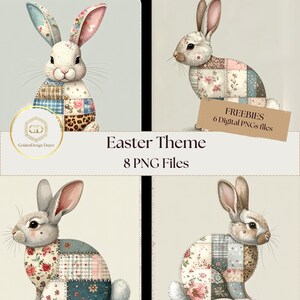 Könnte beinhalten: Digitale Grafiken zum Thema Ostern mit Patchwork-Hasen in verschiedenen Posen. Die Hasen haben florale und gemusterte Designs mit langen Ohren und Schnurrhaaren. Das Bild enthält den Text "Easter Theme 8 PNG Files" und "FREEBIES 6 Digital PNG files".