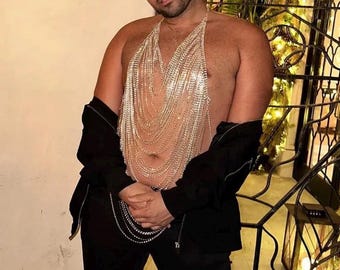 Gilet da uomo con catena e strass, completo da discoteca scintillante con scollo all'americana