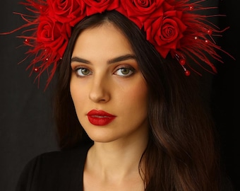 Handmade Red Rose Flower Crown | Romantic Bridal Hair Accessory | Wedding, Engagement & Special Occasion Headpiece