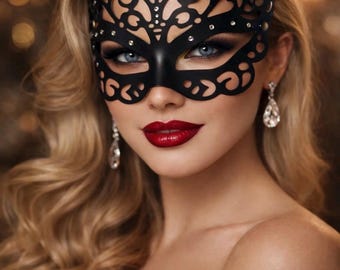 Black Rhinestone Masquerade Mask – Elegant Filigree Lace Look Mask – Venetian Ball Mask – Gothic Party Mask – Halloween / Prom / Wedding