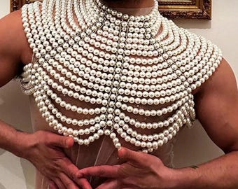 Men's Pearl Body Chain, Luxury Draped Shoulder Necklace, Avant-Garde Cape Harness