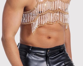 Men's Pearl Body Chain Harness, Avant-Garde Shoulder Jewelry, Beaded Chest Chain, Festival Statement Piece