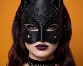 Matte Schwarze Katzen Maske, Gothic Masquerade Augenmaske, 3D Gedruckte Filigrane Fledermaus Maske, Leichte Festival Face Wear, Steampunk Party Maske