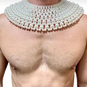 Men's Pearl Body Chain Necklace, Avant-Garde Beaded Chest Harness, Statement Collar