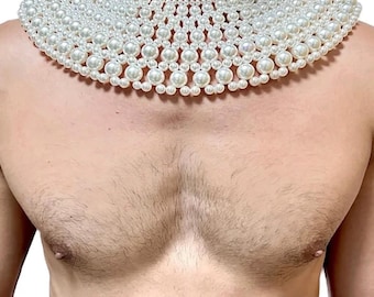 Men's Pearl Body Chain Necklace, Avant-Garde Beaded Chest Harness, Statement Collar