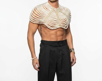 Men's Pearl Body Necklace, Beaded Shoulder Cape, Avant-Garde Groom Accessory, Festival Outfit